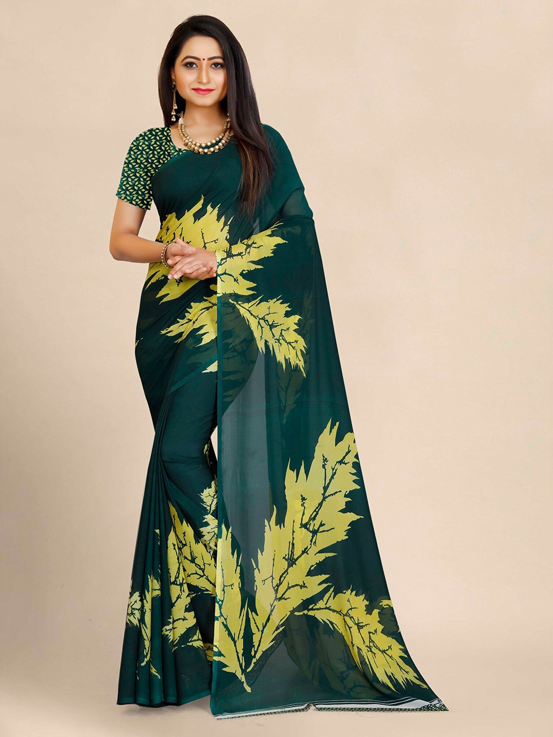 

KALINI Green & Yellow Floral Pure Georgette Block Print Saree
