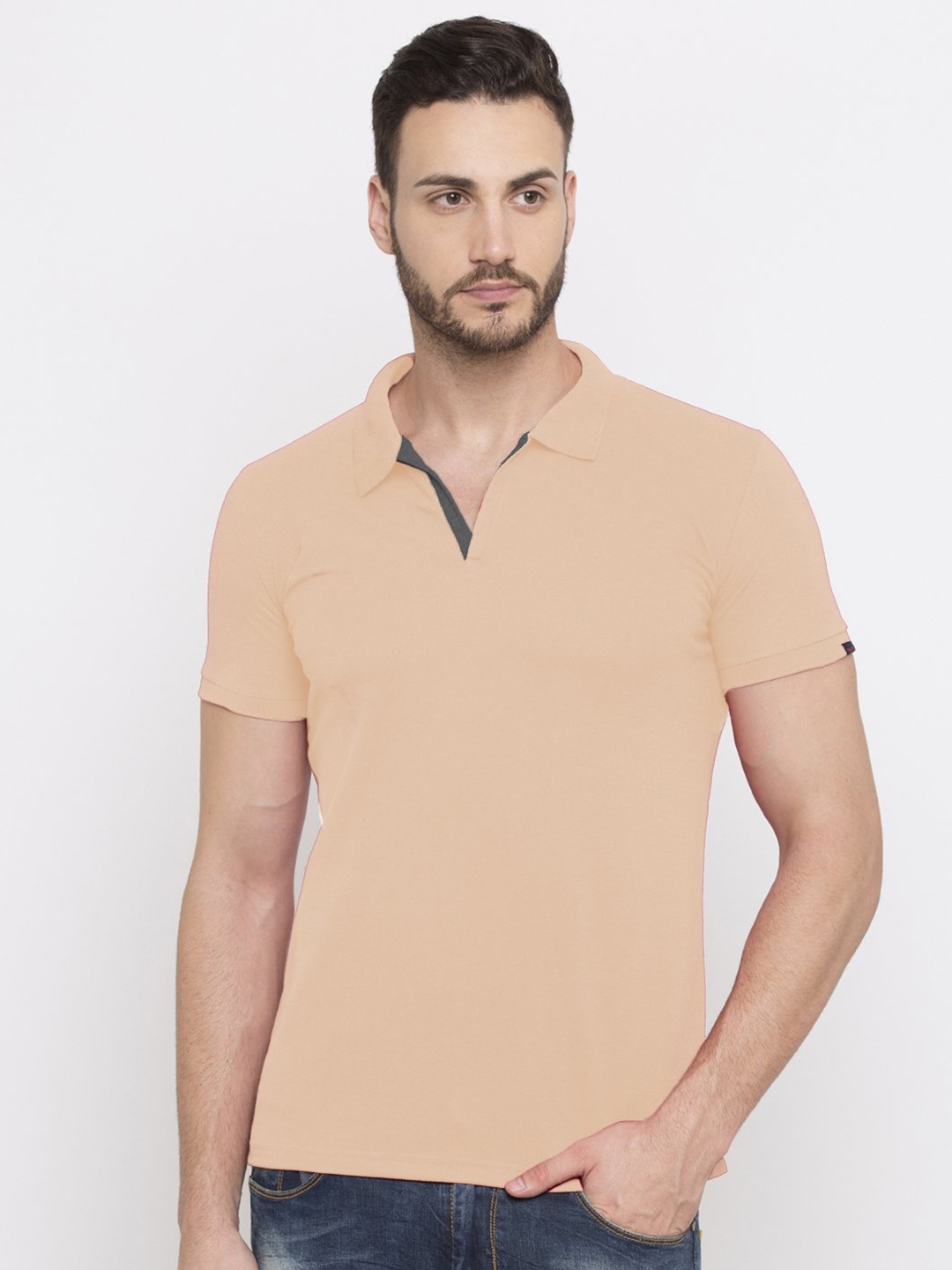 

Status Quo Men Peach-Coloured Polo Collar T-shirt