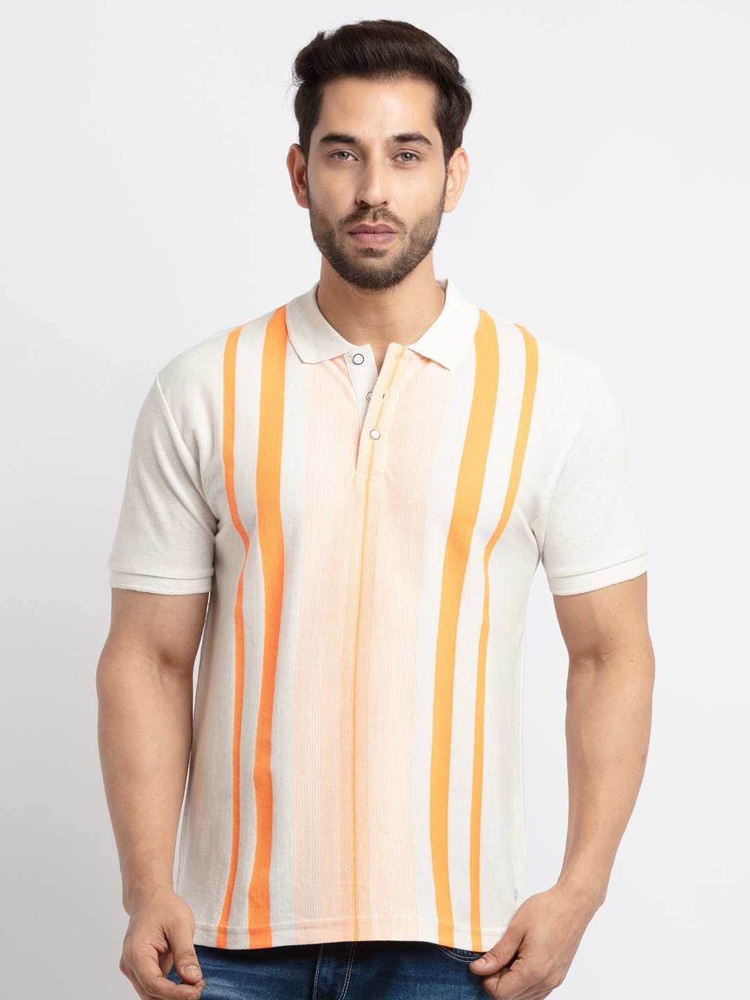 

Status Quo Men Orange & White Striped Polo Collar Cotton T-shirt