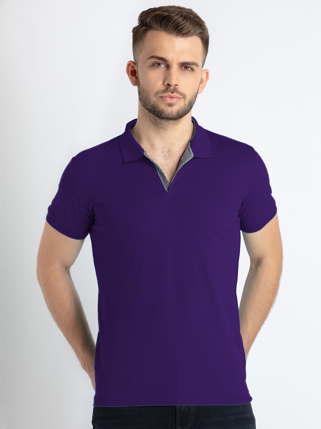 

Status Quo Men Purple Polo Collar Cotton T-shirt