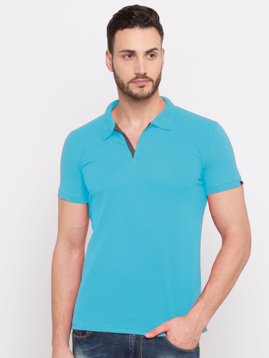 

Status Quo Men Turquoise Blue Textured Polo Collar Cotton T-shirt