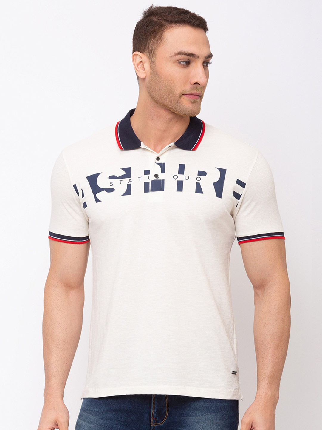 

Status Quo Men Off White & Navy Blue Typography Printed Polo Collar T-shirt