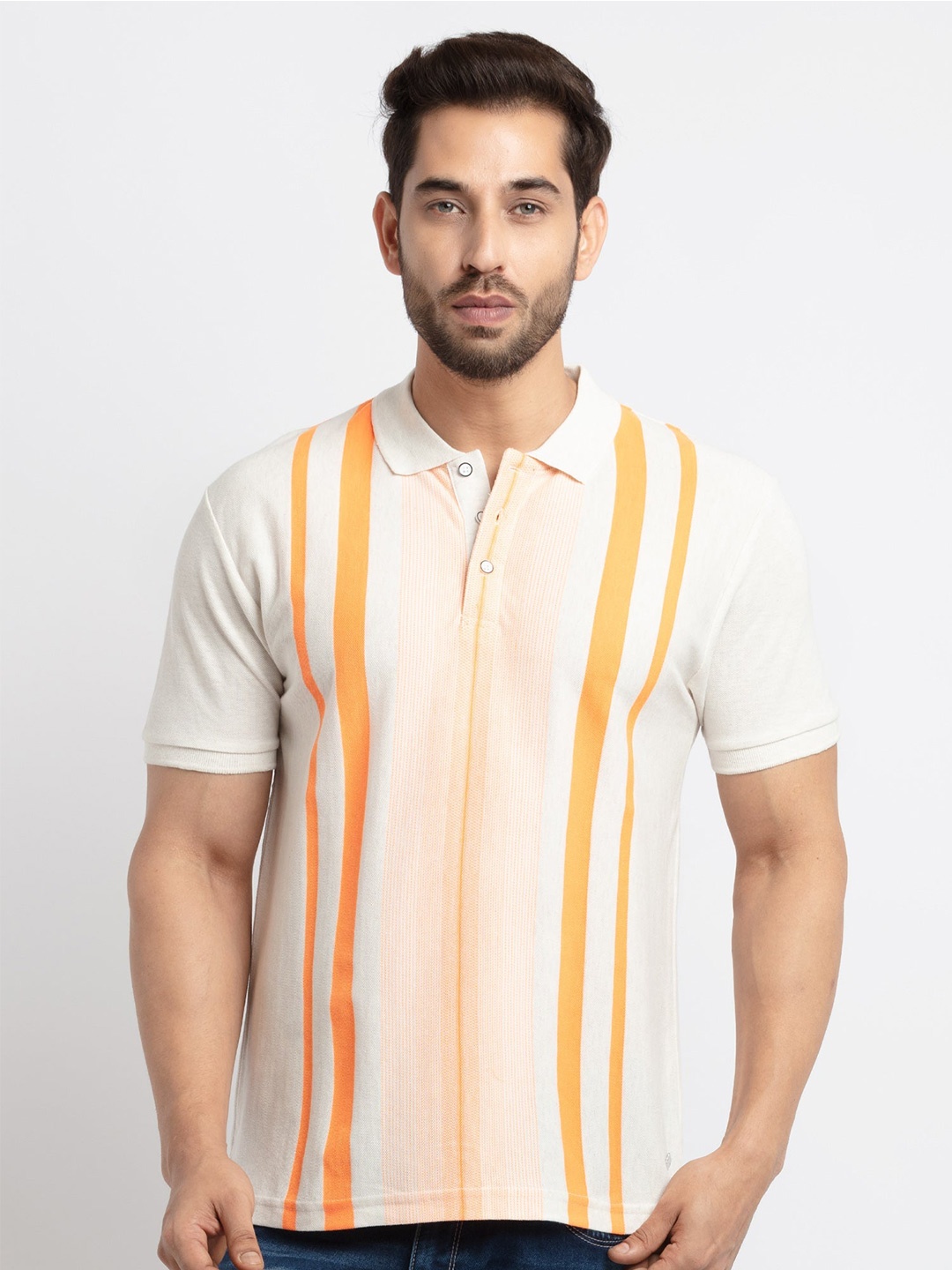 

Status Quo Men Orange & White Striped Polo Collar Cotton T-shirt