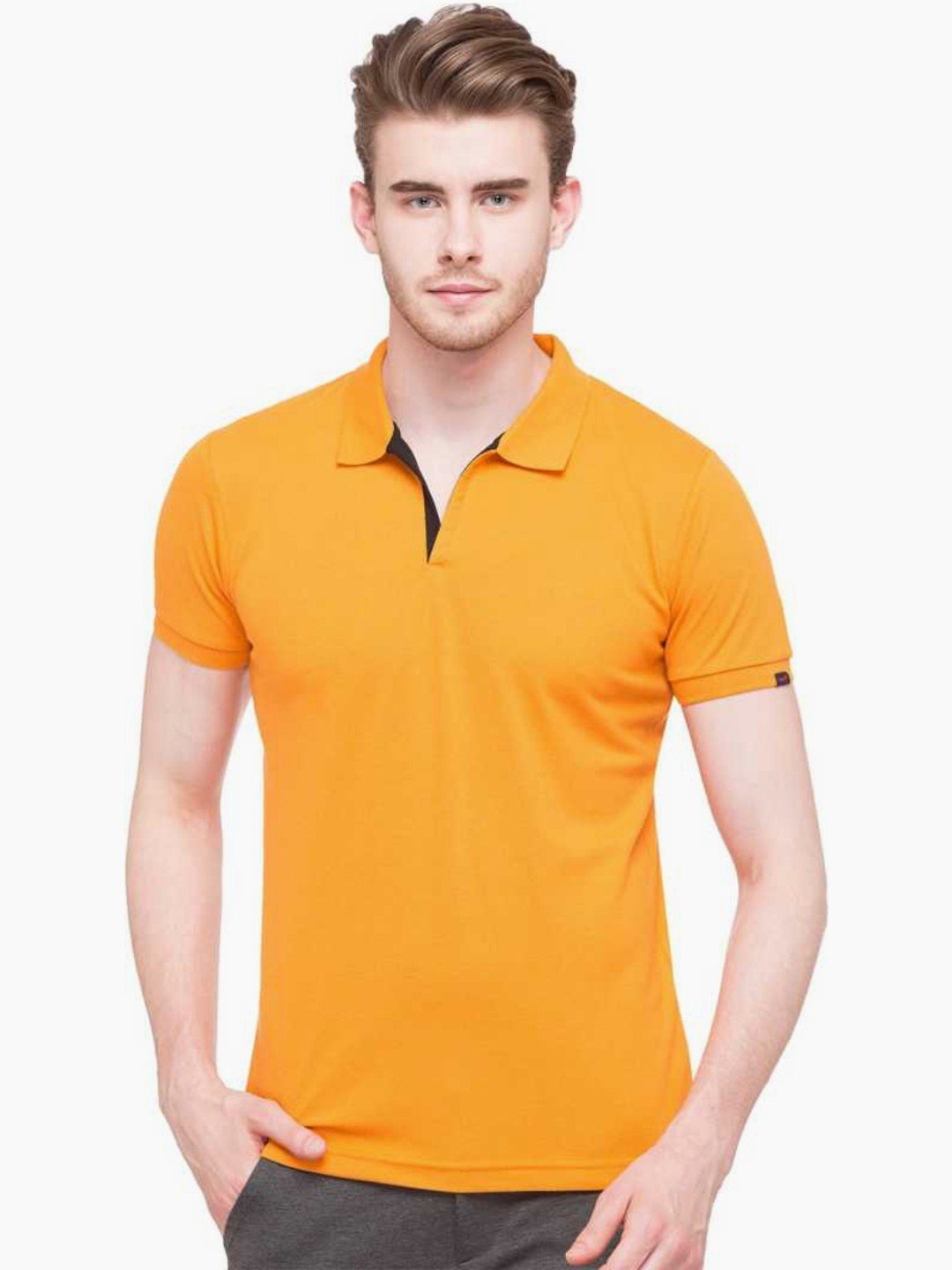 

Status Quo Men Orange Polo Collar Slim Fit Cotton T-shirt