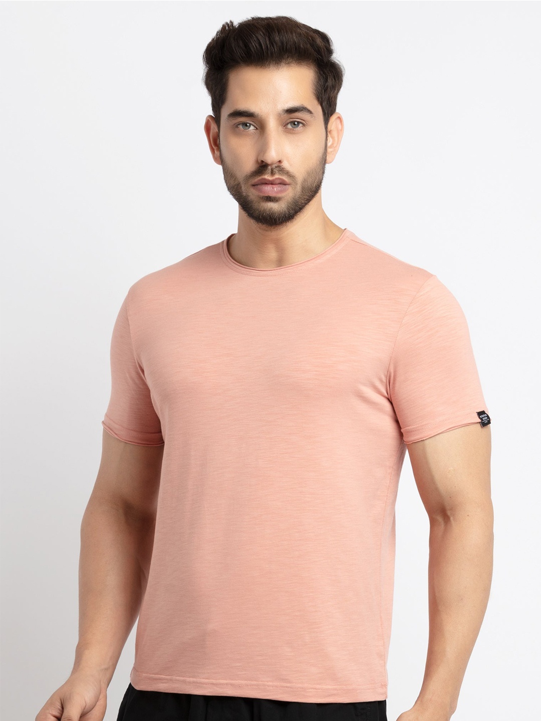 

Status Quo Men Peach-Coloured Solid Cotton T-shirt