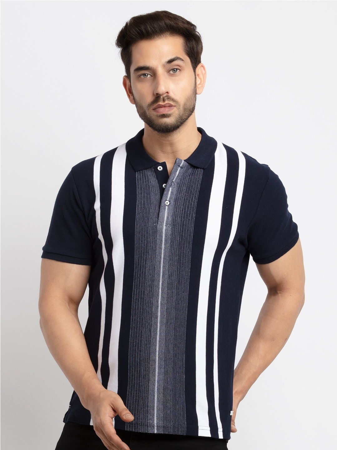 

Status Quo Men Blue & White Striped Polo Collar Cotton T-shirt