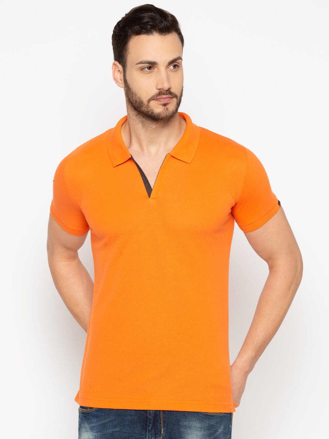 

Status Quo Men Orange Polo Collar Cotton T-shirt