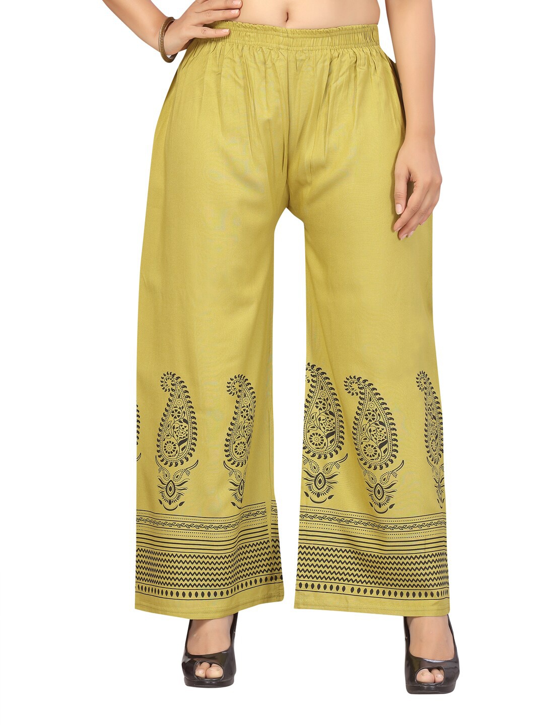 

Aarika Women Lime Green & Black Paisley Printed Cotton Ethnic Palazzos