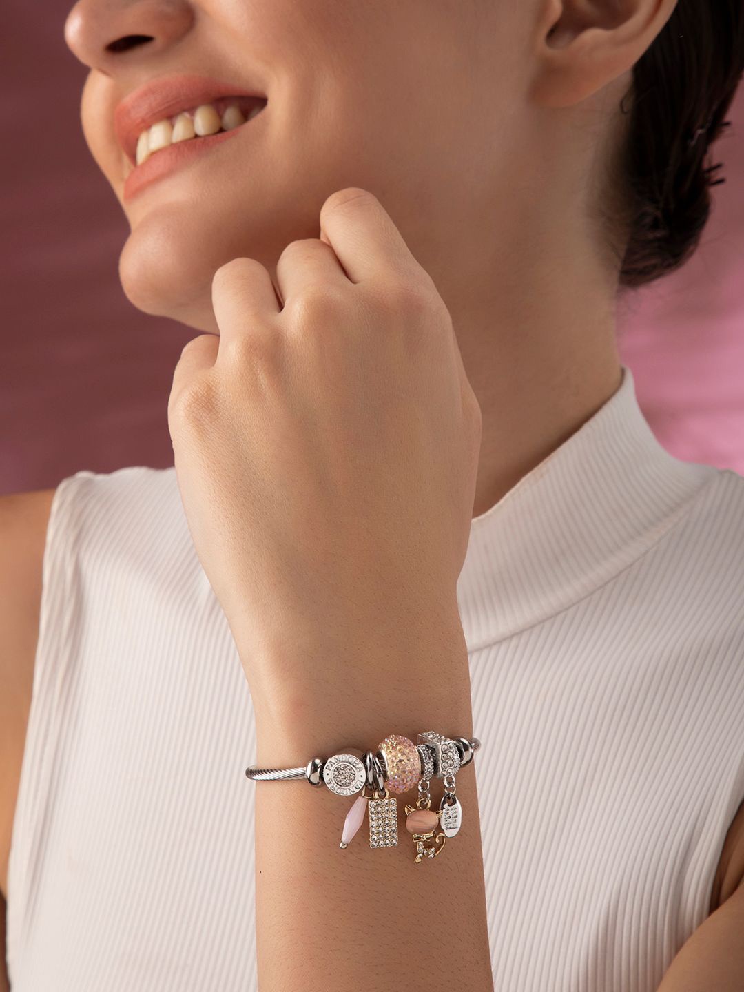 

Rubans Women Silver-Toned & Gold-Toned American Diamond Silver-Plated Kada Bracelet