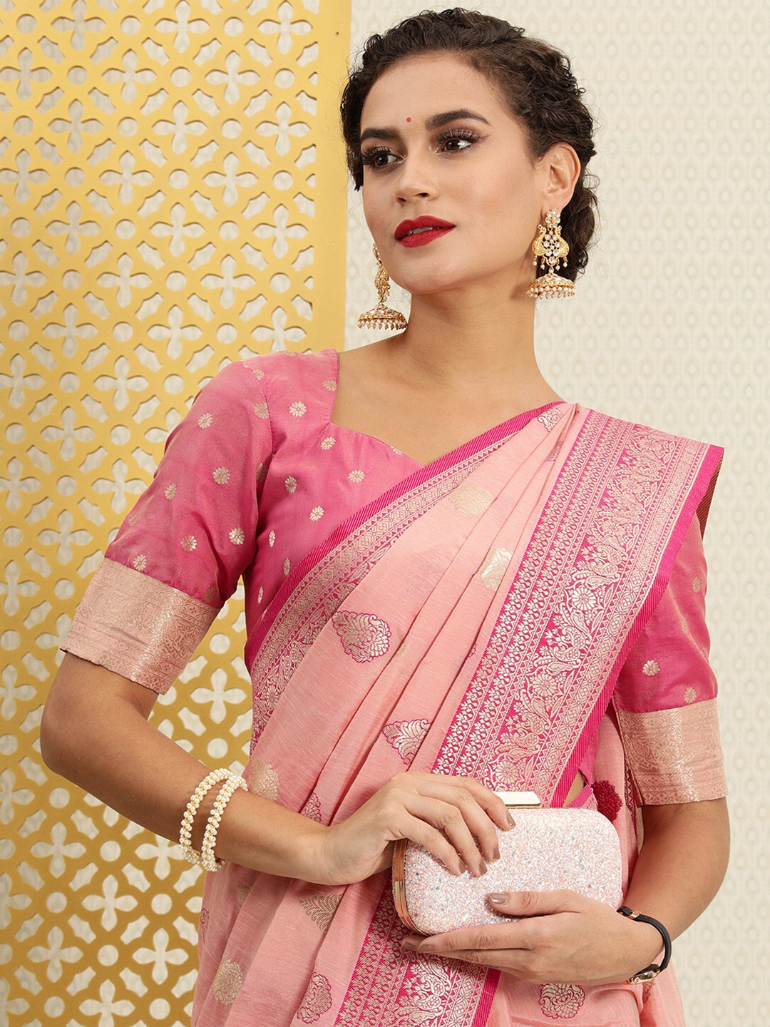 

House of Pataudi Pink Ethnic Motifs Zari Silk Cotton Banarasi Saree