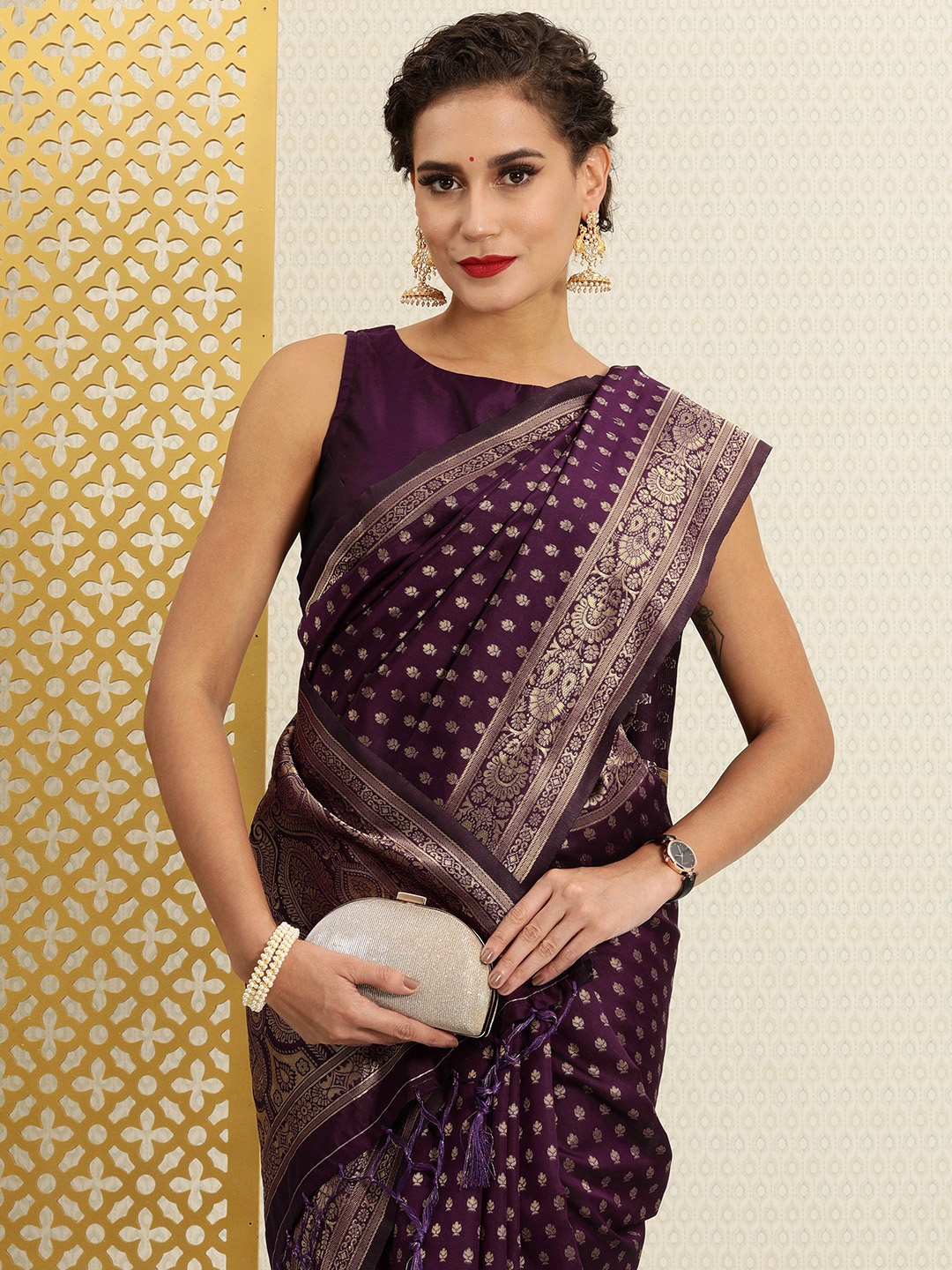 

House of Pataudi Purple & Gold-Toned Woven Design Zari Silk Blend Banarasi Saree