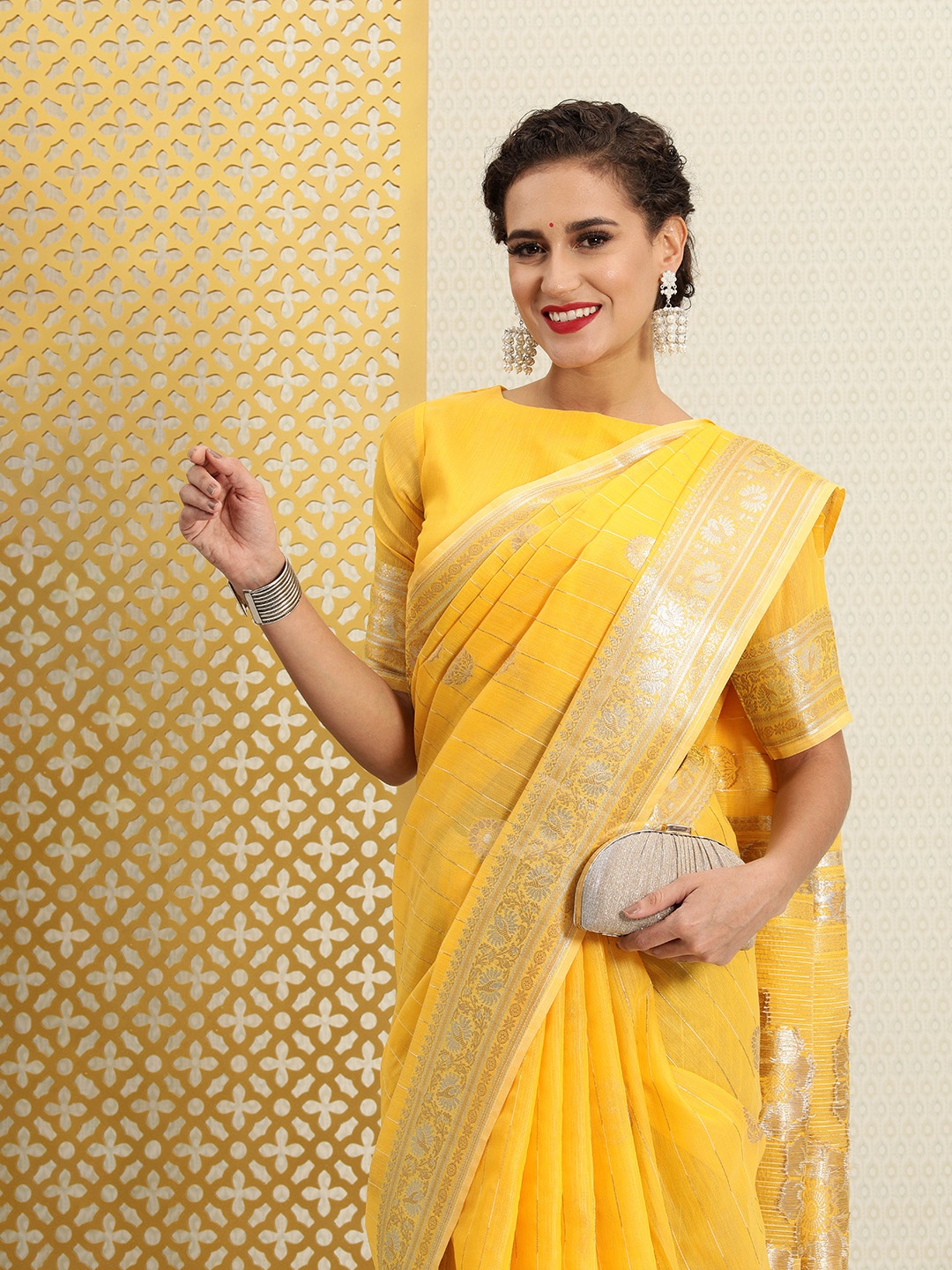 

House of Pataudi Yellow & Gold-Toned Woven Design Zari Linen Blend Banarasi Saree