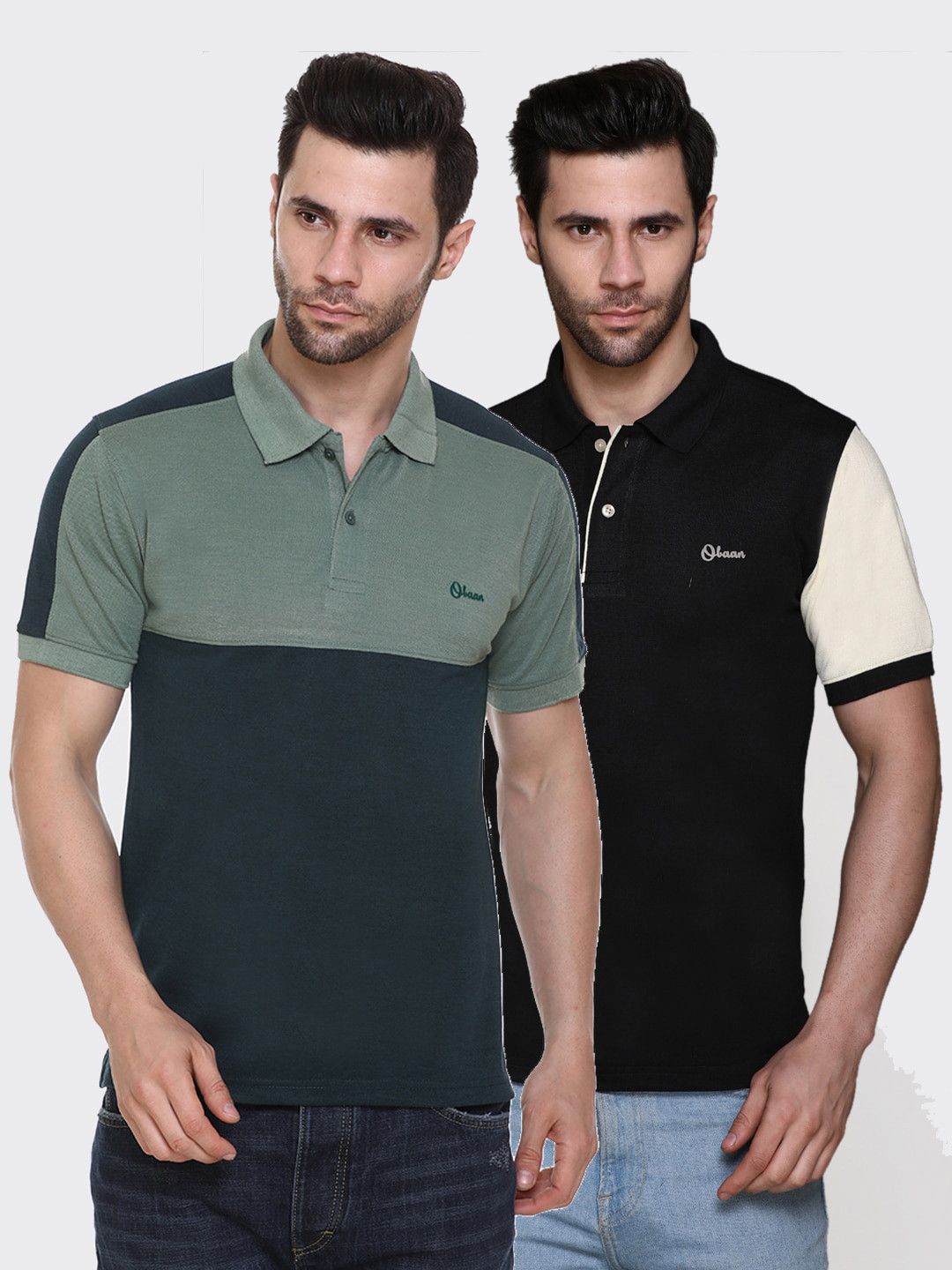 

Obaan Pack Of 2 Men Green & Black Polo Collar T-shirt