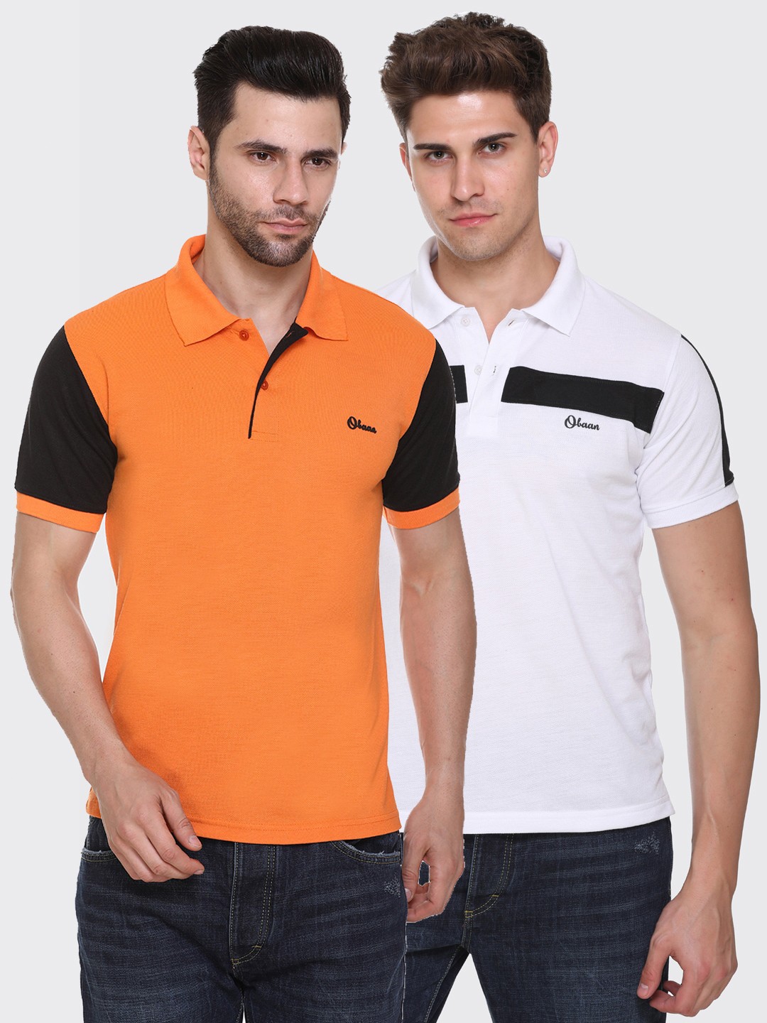 

Obaan Men Orange & White Colourblocked Pack of 2 Polo Collar T-shirt