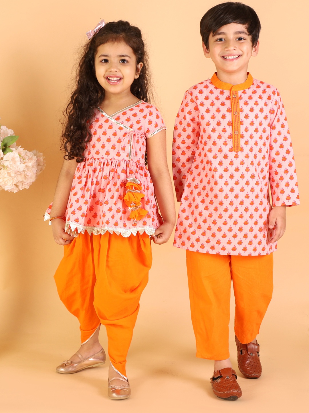 

LIL DRAMA Girls Orange Ethnic Motifs Printed Angrakha Gotta Patti Pure Cotton Kurta with Dhoti Pants