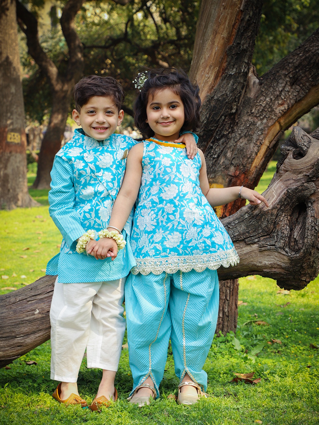 

LIL DRAMA Girls Blue Floral Printed Layered Gotta Patti Pure Cotton Kurti with Dhoti Pants