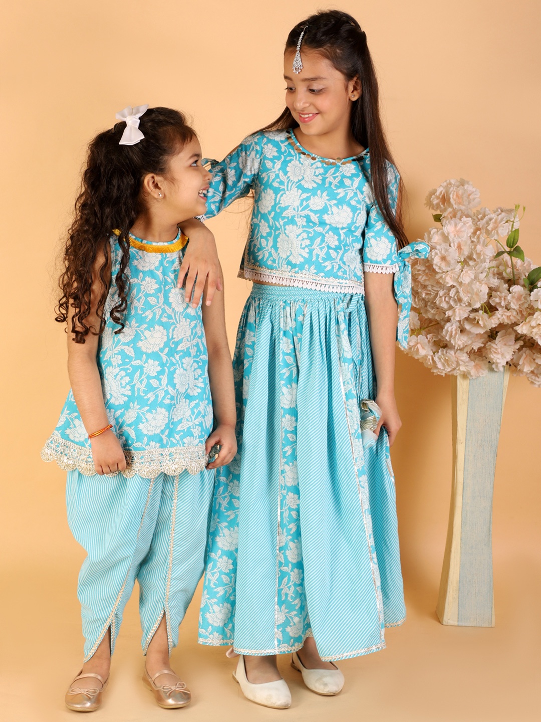 

LIL DRAMA Girls Blue Floral Printed Gotta Patti Pure Cotton Kurti with Dhoti Pants