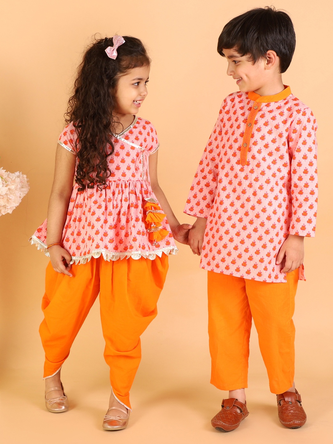 

LIL DRAMA Girls Orange Ethnic Motifs Striped Angrakha Gotta Patti Pure Cotton Kurta with Dhoti Pants