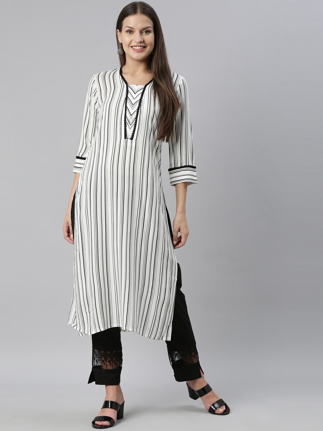 

Neerus Women Off White & Black Striped Kurta Set