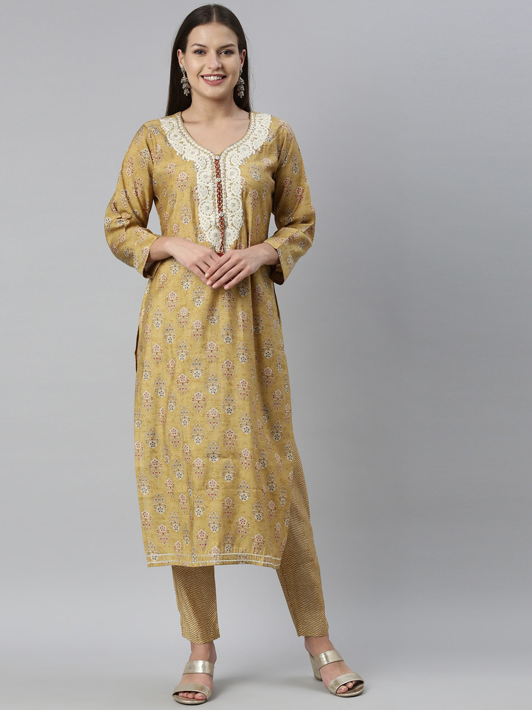 

Neerus Women Mustard Yellow Floral Printed Kurta with Trousers
