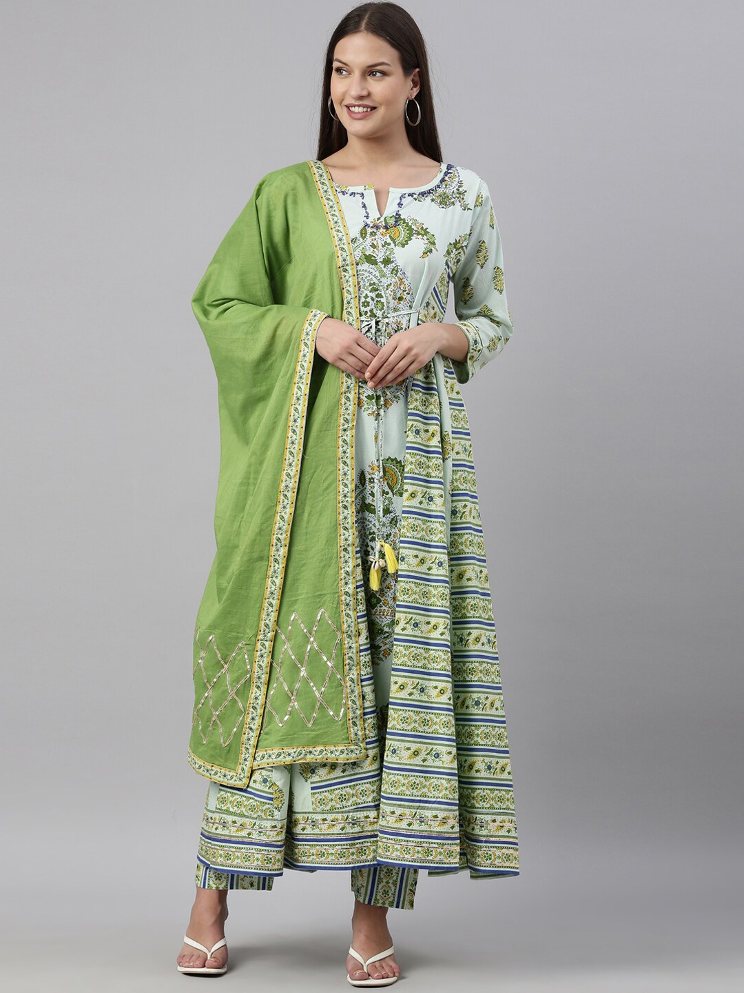 

Neerus Women Olive Green Floral Embroidered Panelled Pure Cotton Kurti with Trousers & With Dupatta
