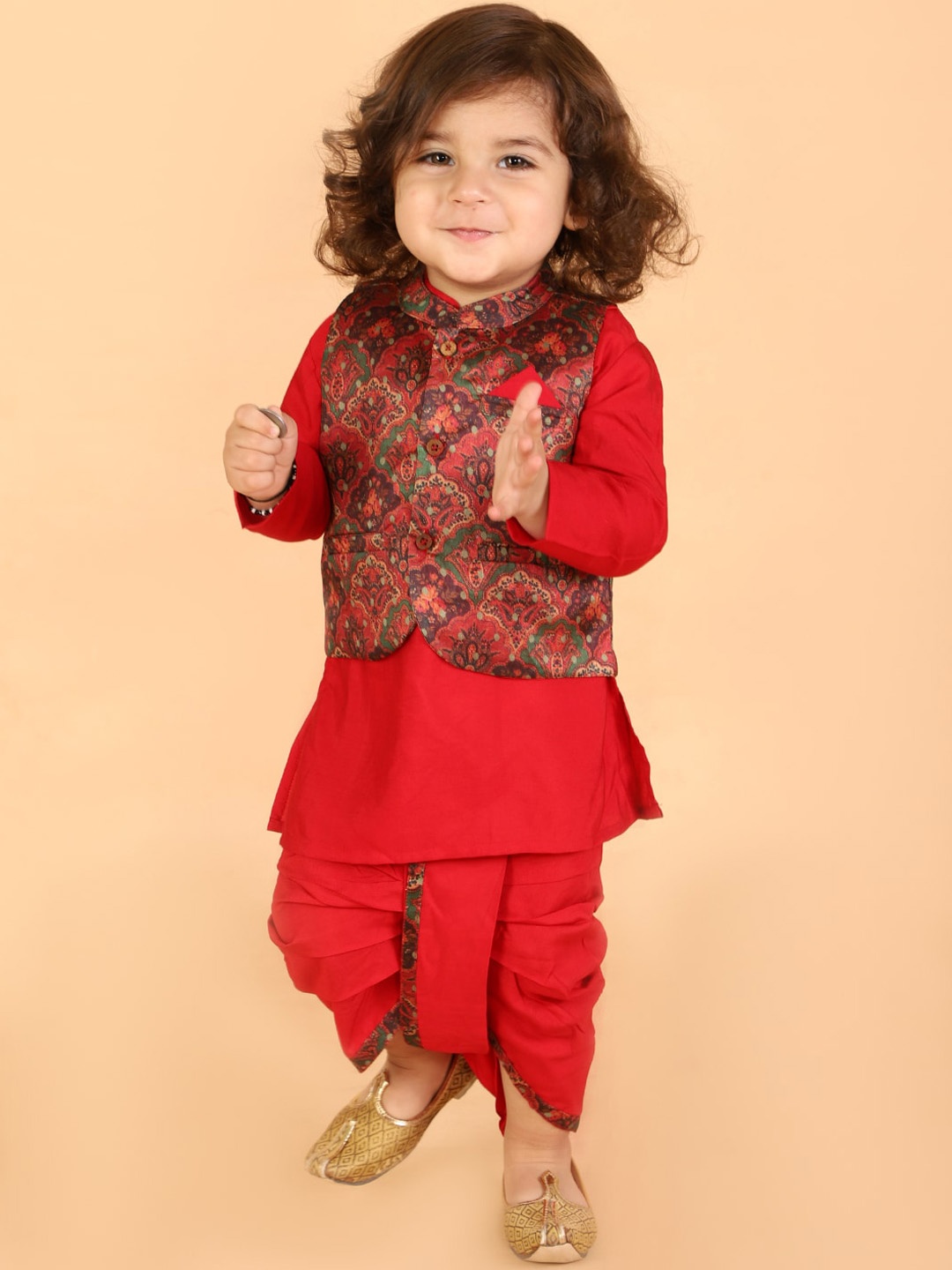 

KID1 Boys Red Kurta Dhoti With Printed Jacket
