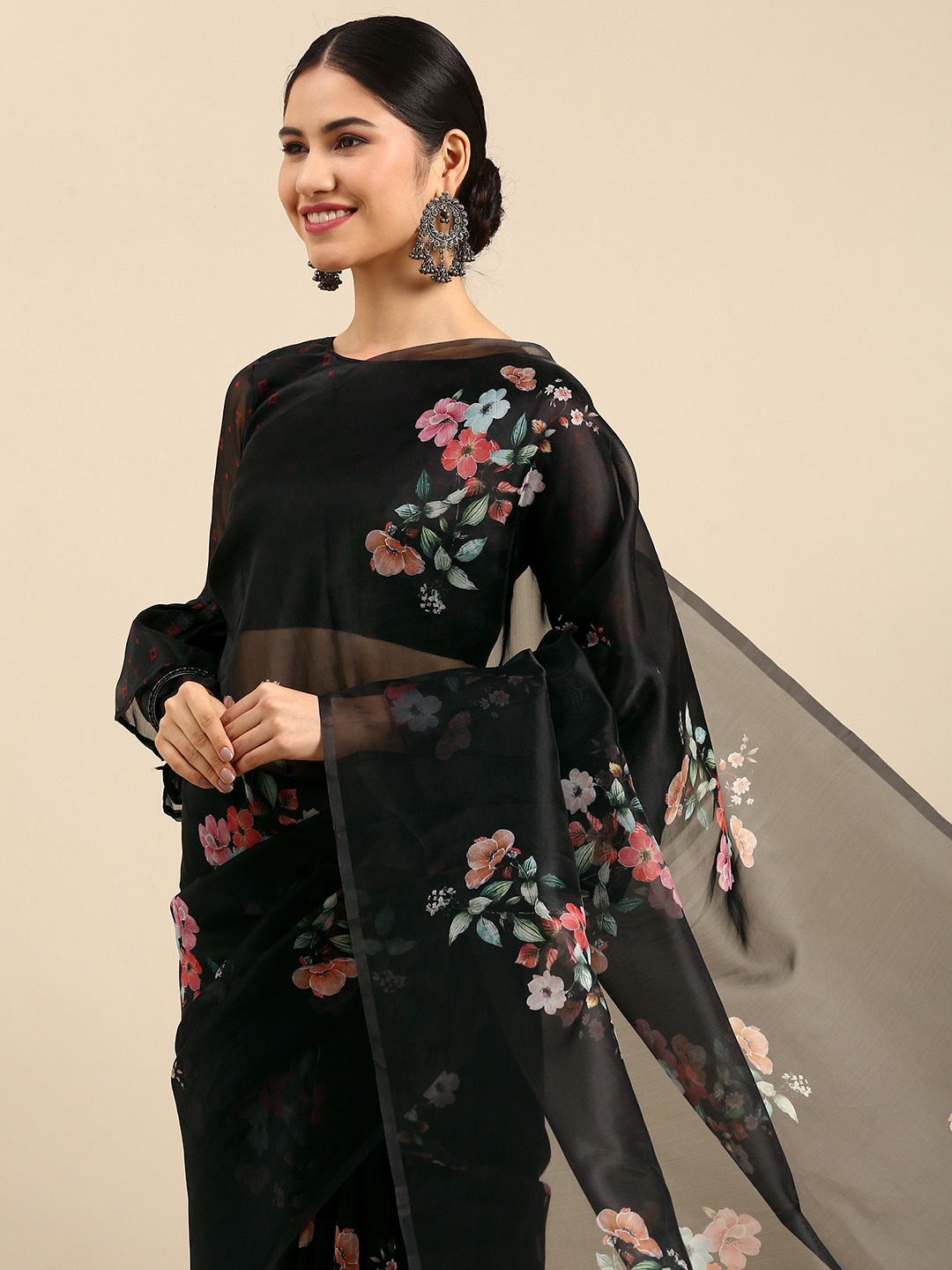 Anouk Black & Pink Floral Printed Organza Saree