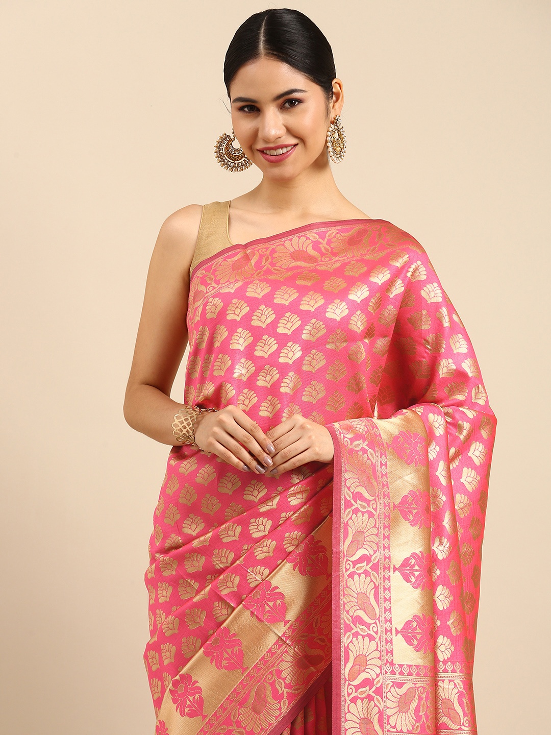 

Anouk Pink & Gold-Toned Ethnic Motifs Zari Silk Blend Banarasi Saree