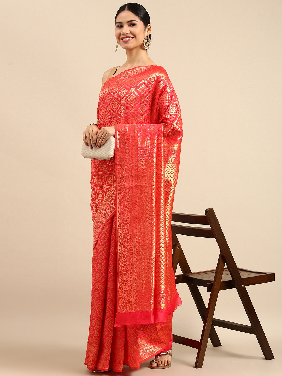 

Anouk Pink & Golden Ethnic Motifs Woven Design Banarasi Saree