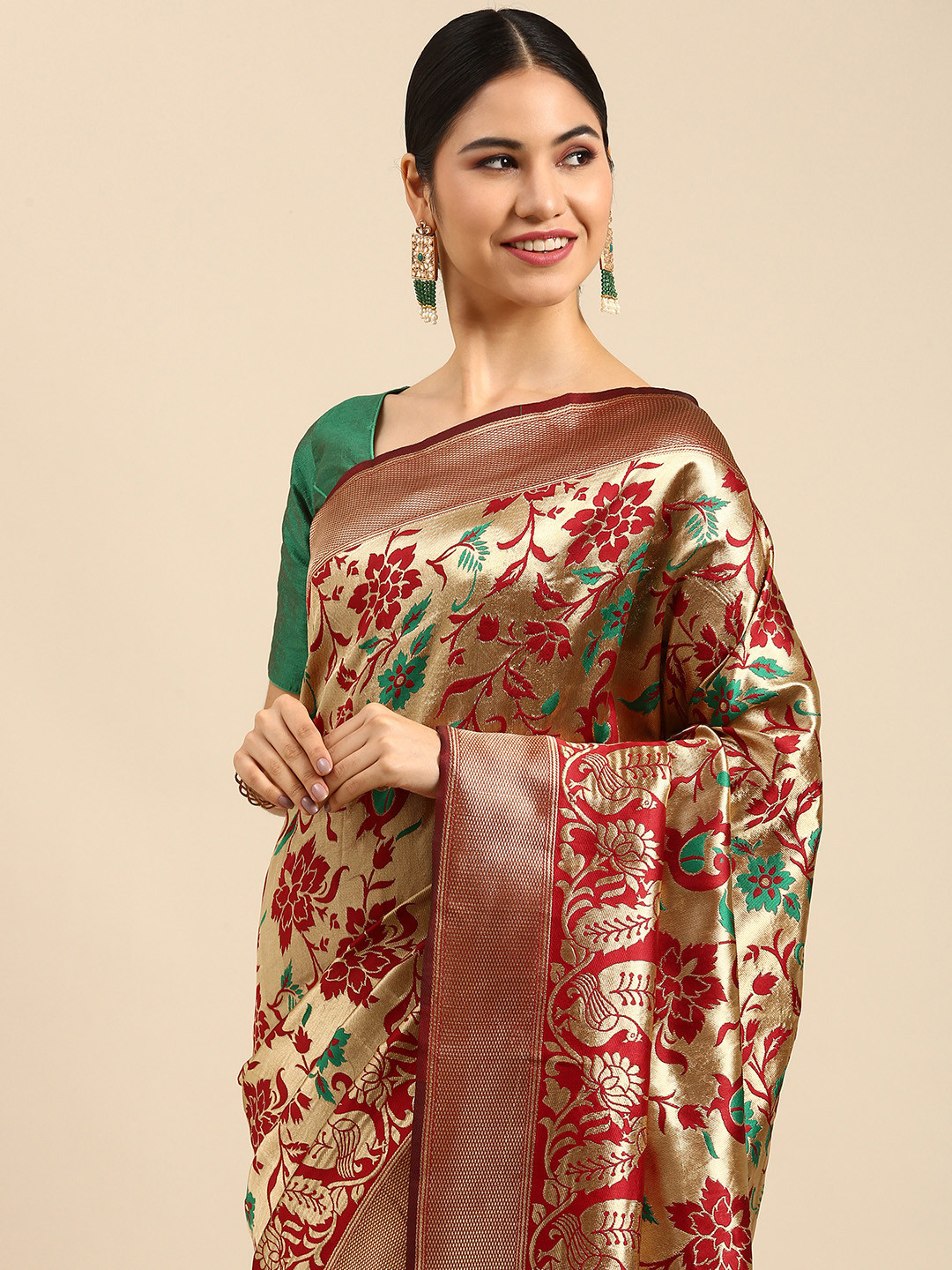 

Anouk Maroon & Green Ethnic Motifs Woven Design Banarasi Saree