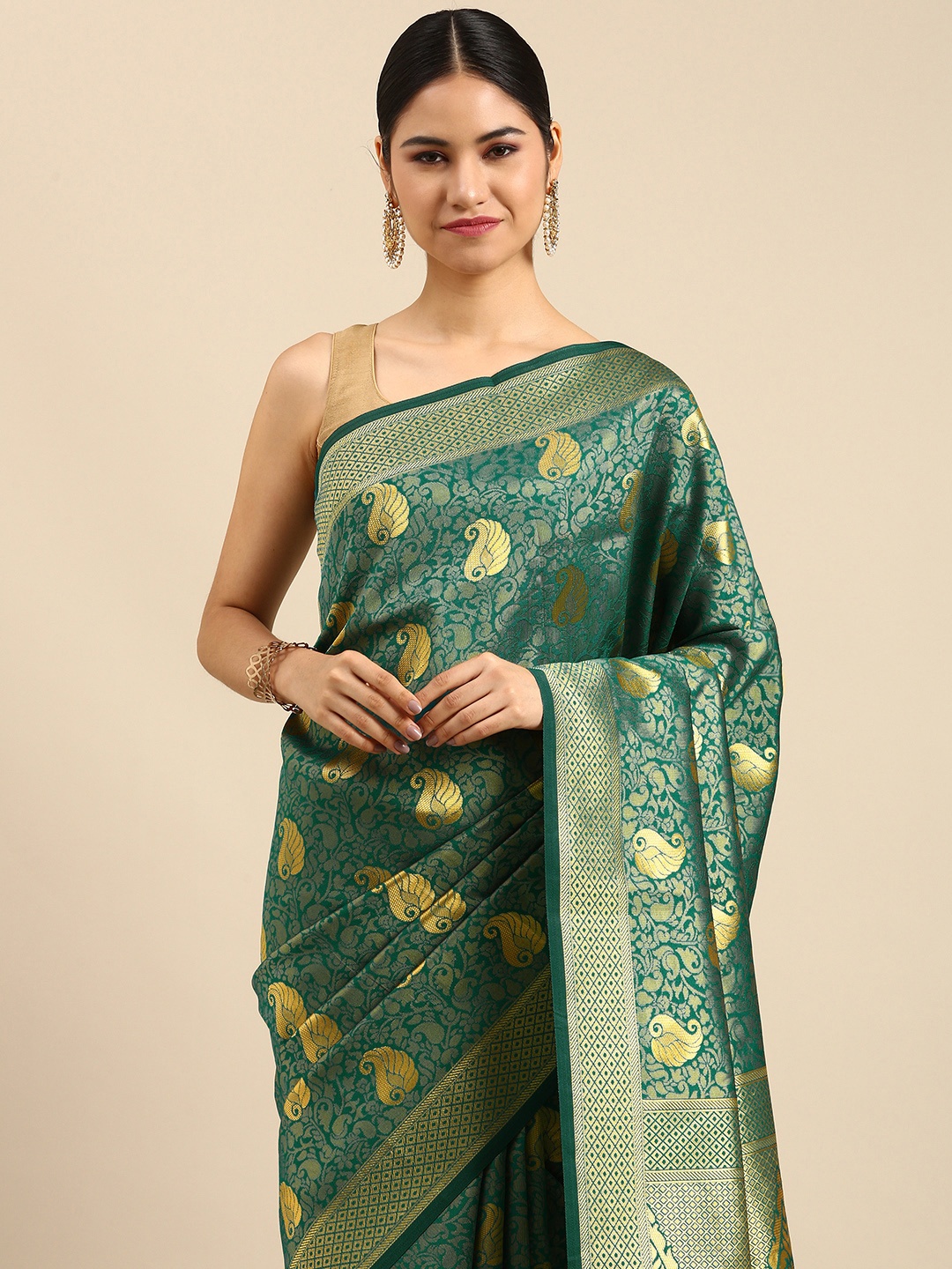 

Anouk Green & Golden Ethnic Motifs Woven Design Banarasi Saree