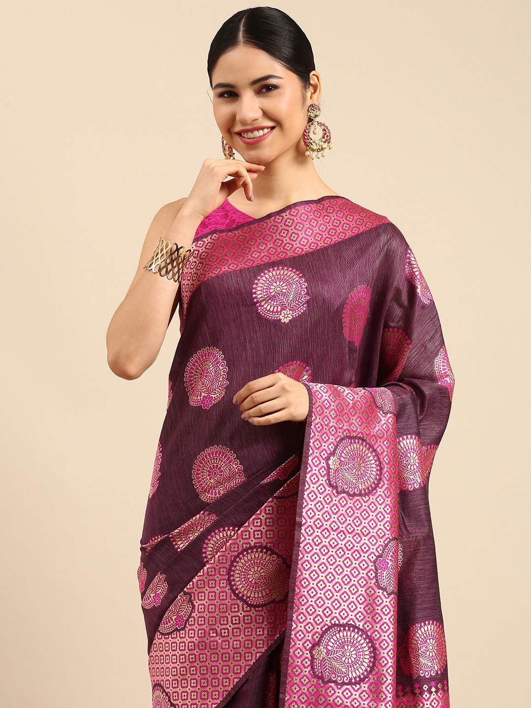 

Anouk Magenta & Gold-Toned Woven Design Zari Silk Blend Banarasi Saree