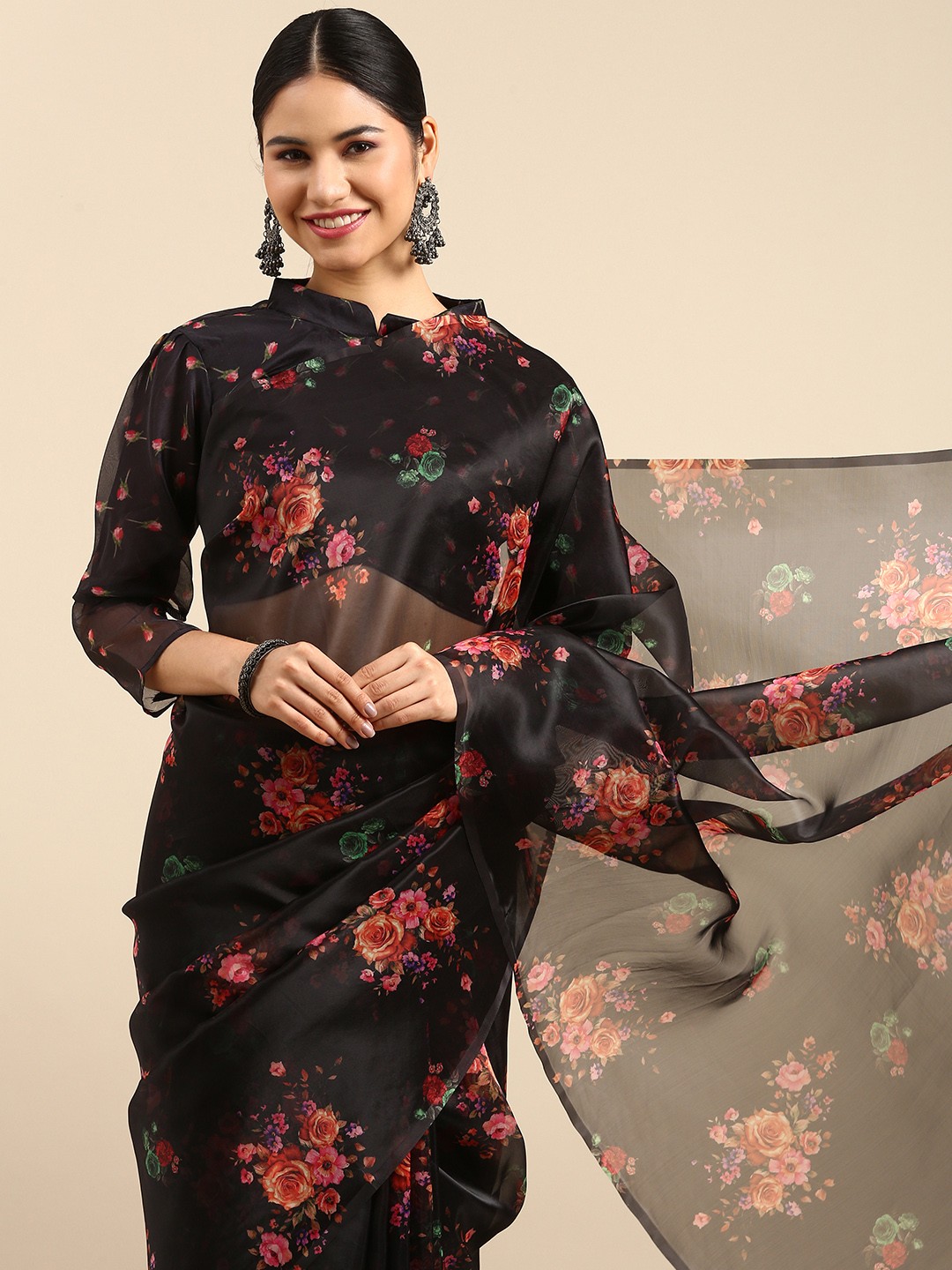 

Anouk Black & Pink Floral Organza Saree