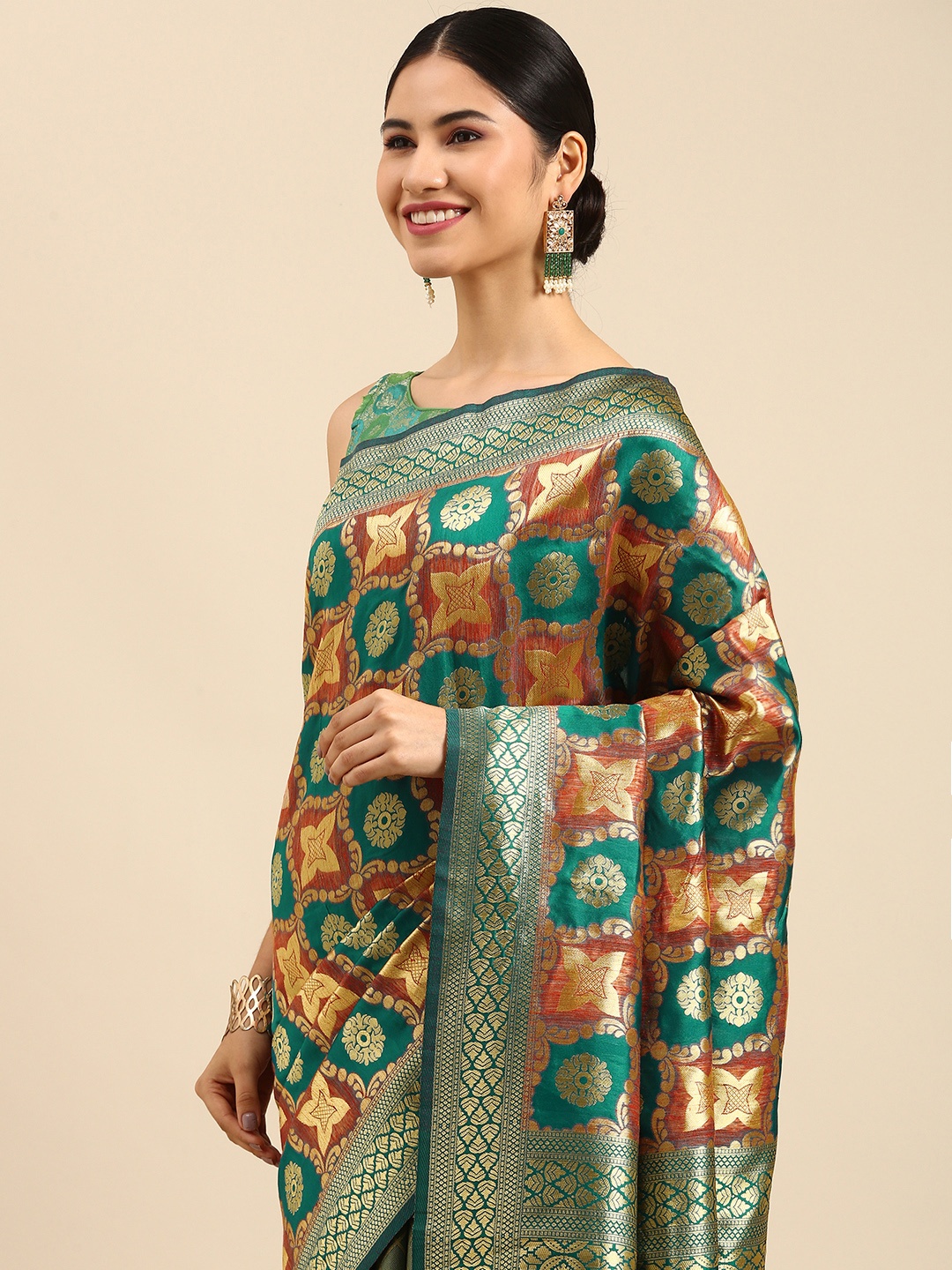 

Anouk Rust & Green Ethnic Motifs Zari Silk Blend Banarasi Saree