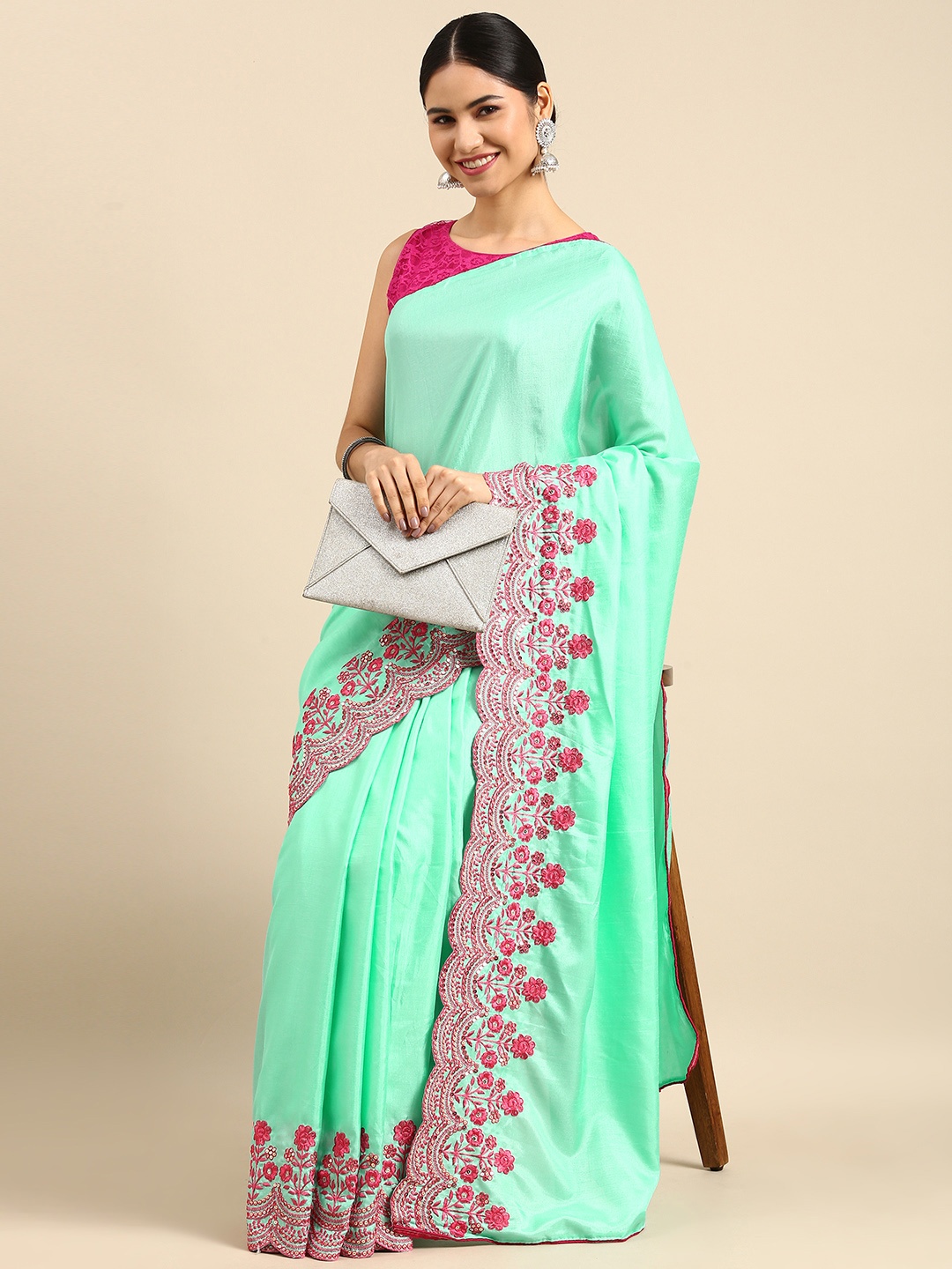 

Anouk Turquoise Blue & Pink Sequinned Embroidered Silk Blend Saree