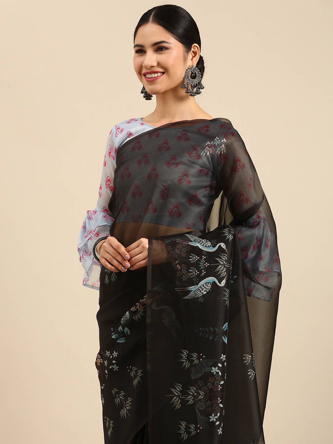 

Anouk Black & Blue Ethnic Motifs Printed Organza Saree