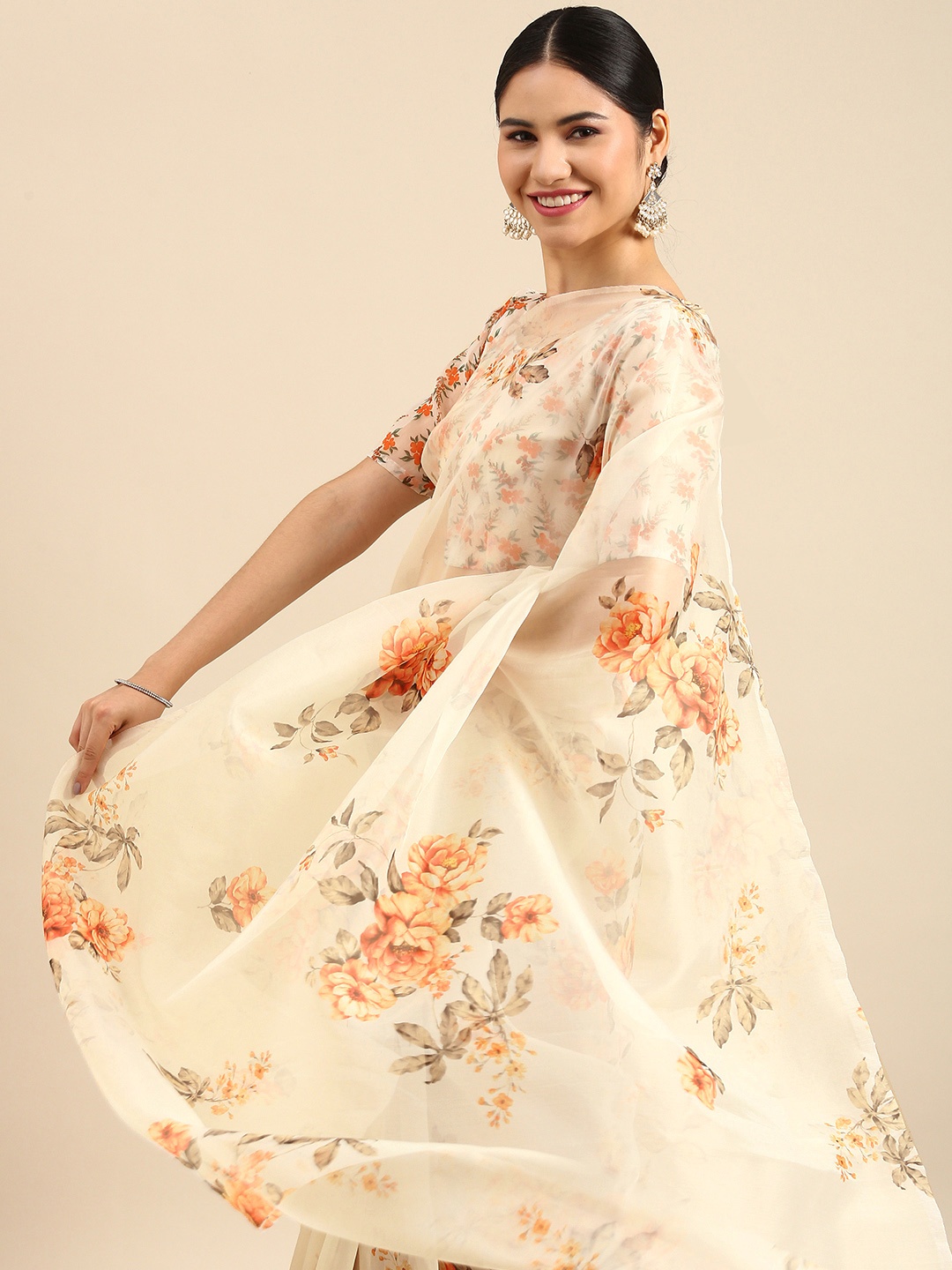

Anouk Off-White & Orange Floral Printed Organza Saree