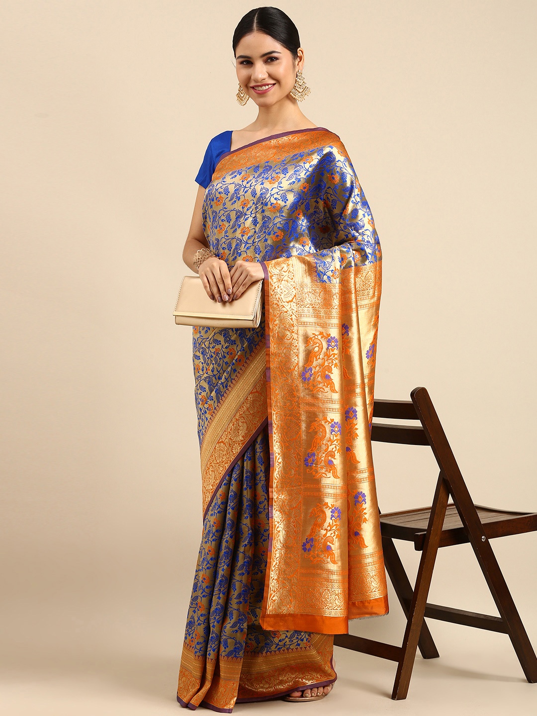 

Anouk Blue & Mustard Yellow Ethnic Motifs Woven Design Banarasi Saree
