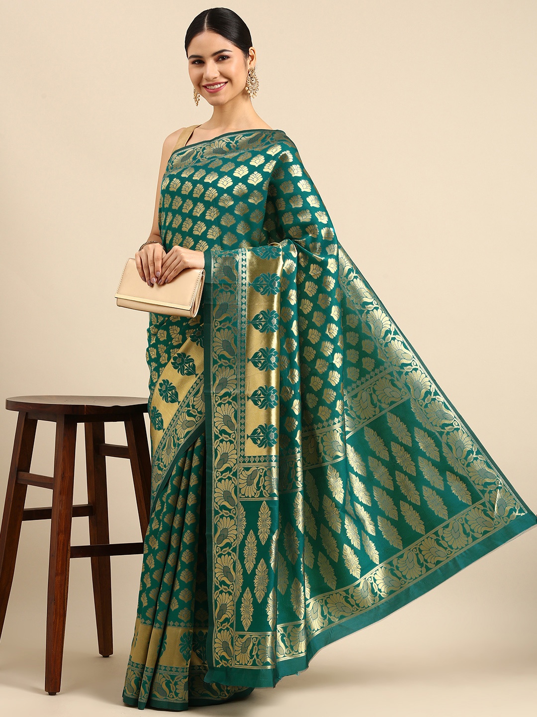 

Anouk Turquoise Blue & Golden Ethnic Motifs Woven Design Banarasi Saree