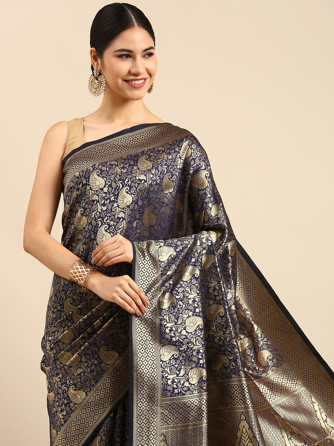 

Anouk Navy Blue & Gold-Toned Ethnic Motifs Zari Silk Blend Banarasi Saree