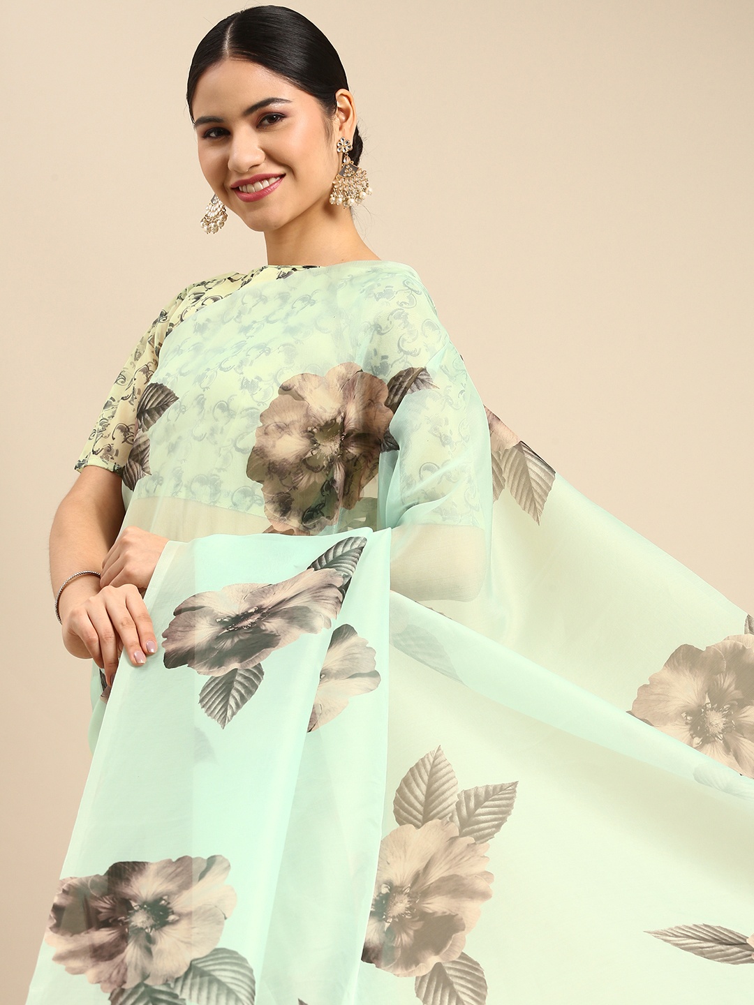 Anouk Blue & Brown Floral Printed Organza Saree