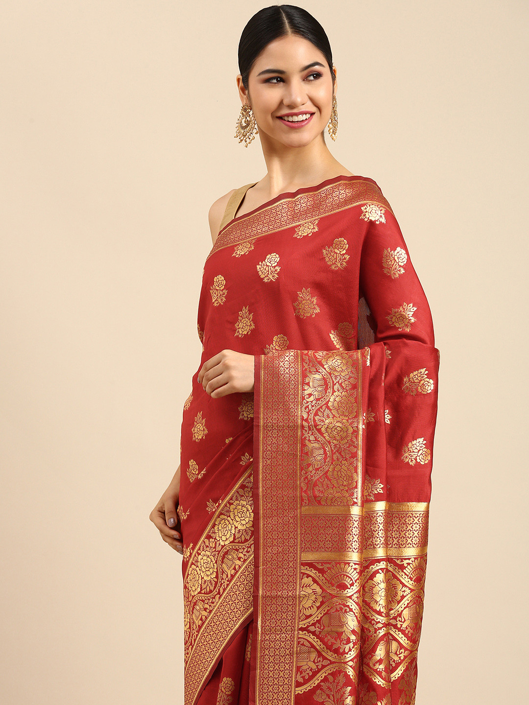 

Anouk Red & Gold-Toned Ethnic Motifs Zari Silk Blend Banarasi Saree