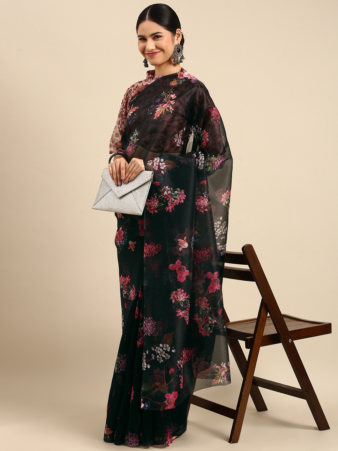 Anouk Black & Pink Floral Organza Saree