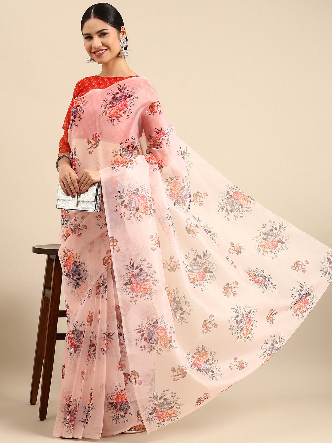 Anouk Pink Floral Print Organza Saree