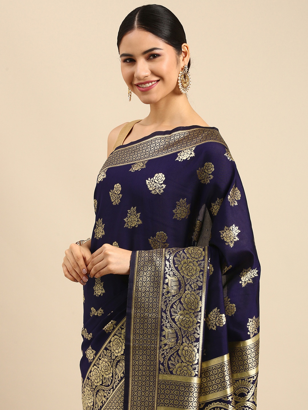 

Anouk Navy Blue & Gold-Toned Ethnic Motifs Zari Silk Blend Banarasi Saree