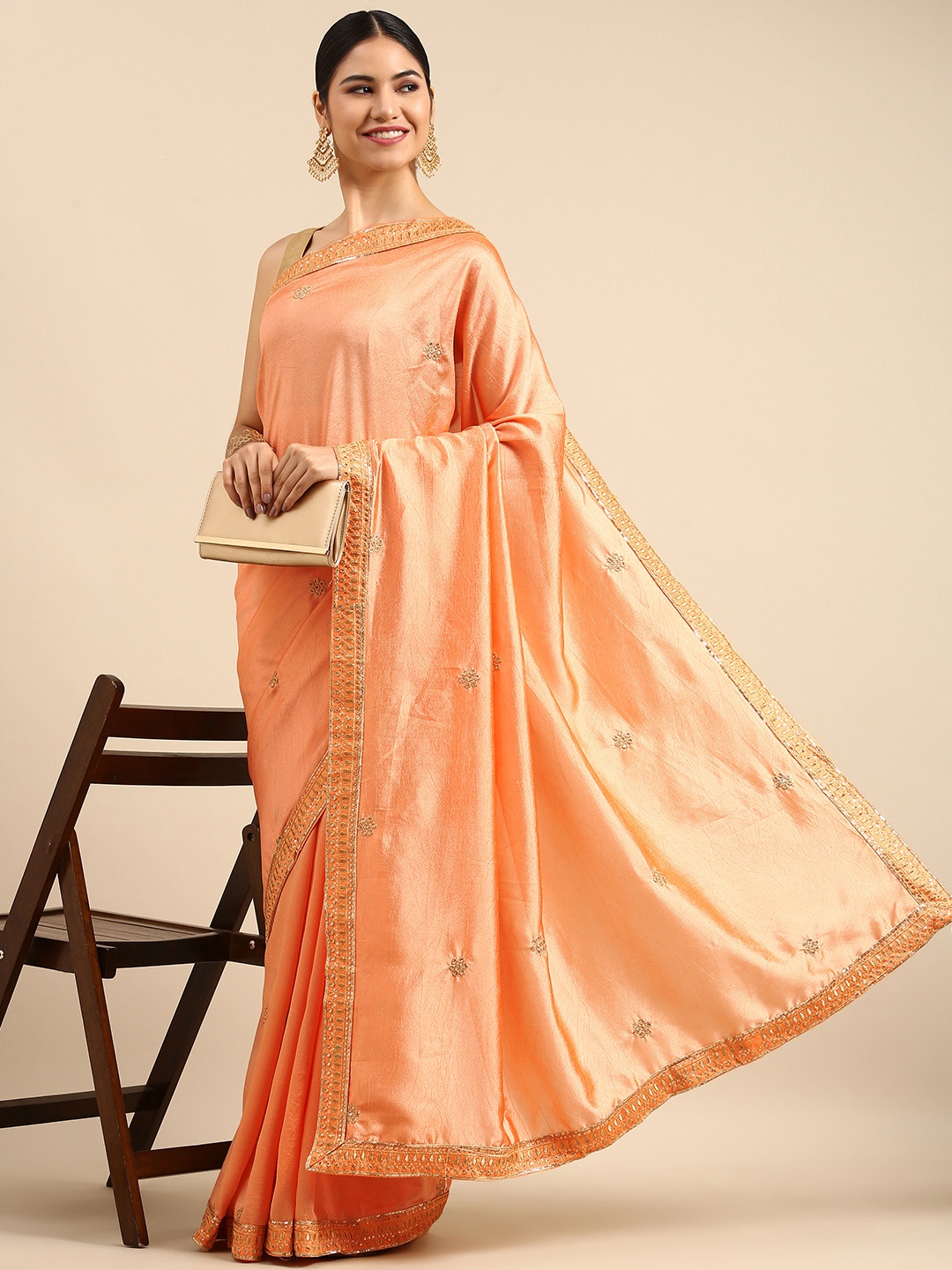 

Anouk Peach-Coloured & Gold-Toned Ethnic Motifs Sequinned Silk Blend Saree