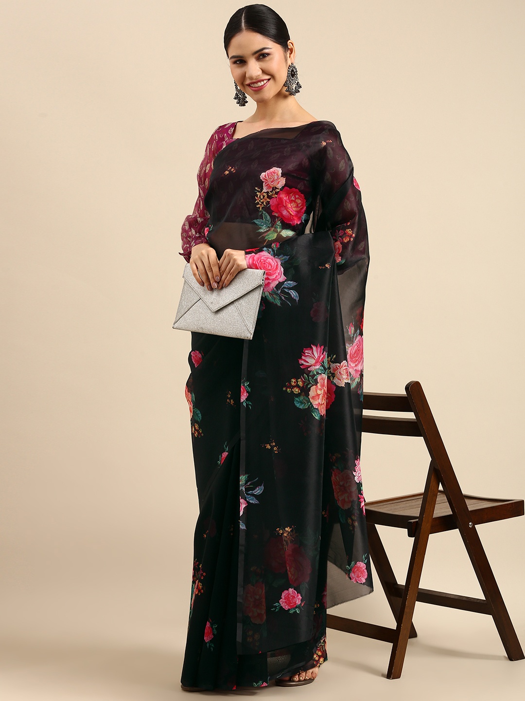 

Anouk Black & Pink Floral Organza Saree