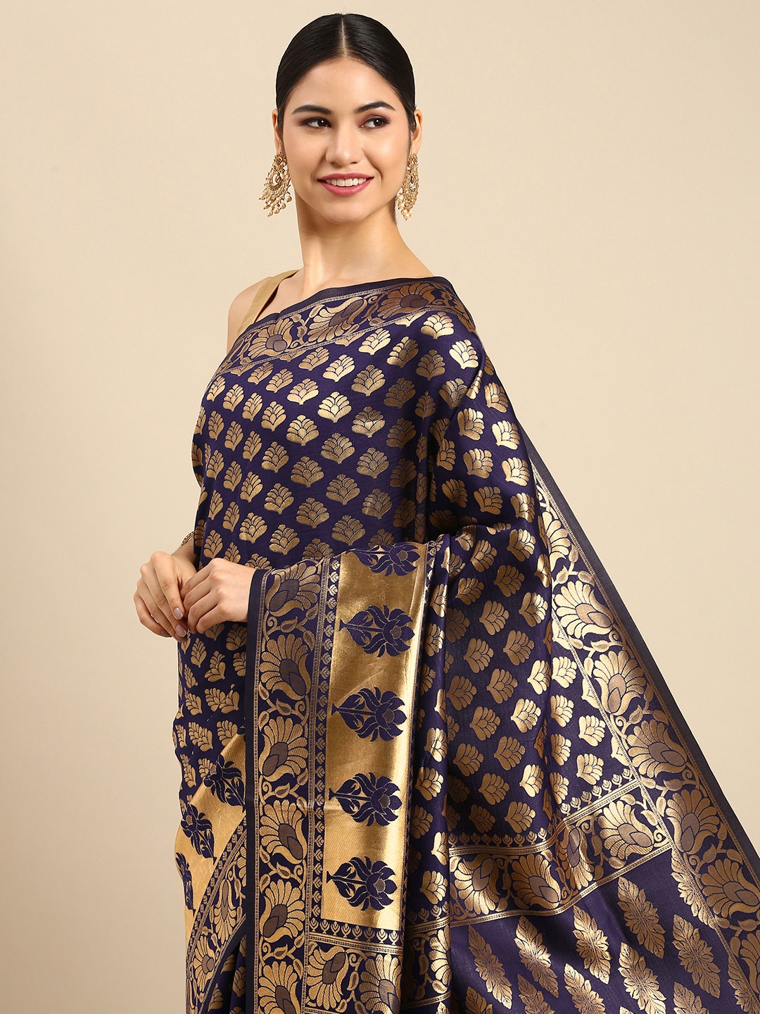 

Anouk Navy Blue & Golden Ethnic Motifs Woven Design Banarasi Saree