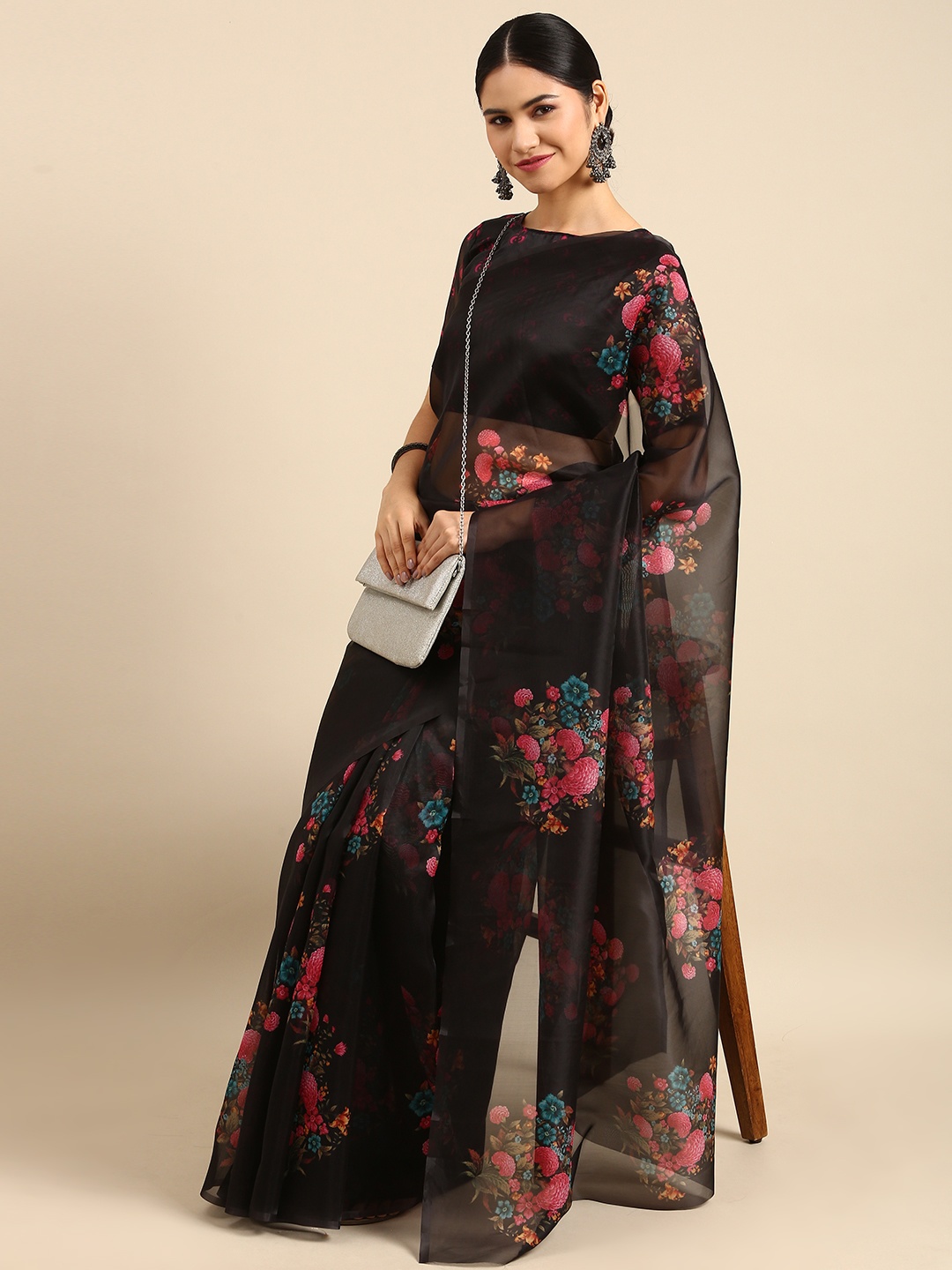 

Anouk Black & Pink Floral Organza Saree