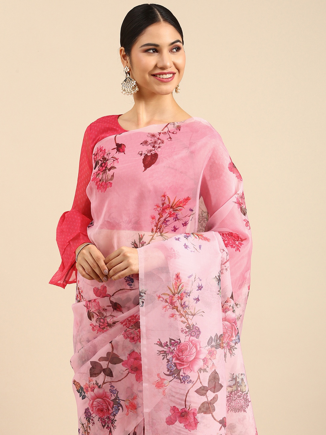 

Anouk Pink Floral Printed Organza Saree